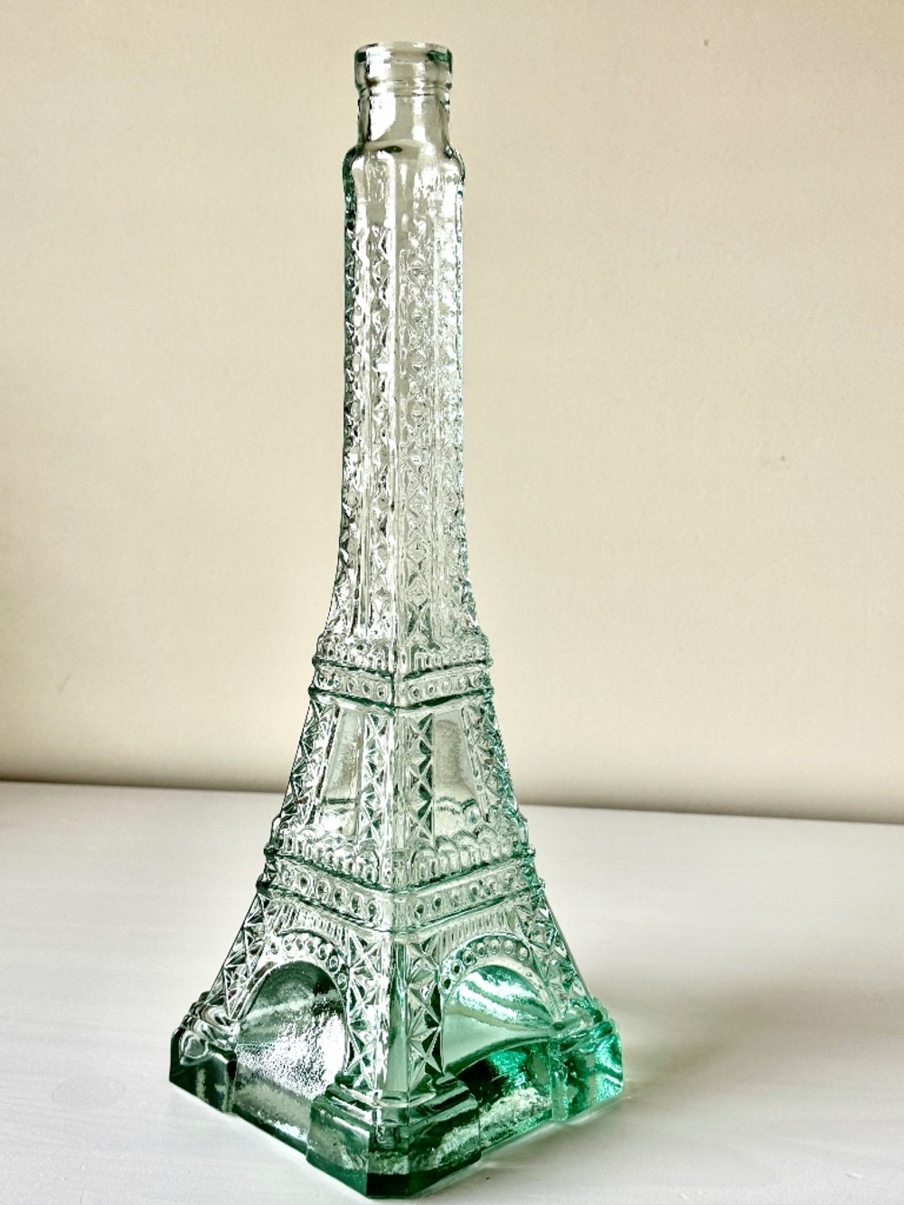 Vintage Eiffel Tower Wine Decanter Bottle 13.5" Green Glass Barware Kitsch Decor